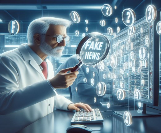 Un científico con barba y bata blancas examina con una lupa las fake news en una pantalla del ordenador
