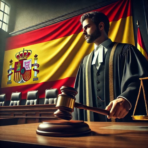 Juez con un mazo y una bandera de España enorme en la sala de un juzgado