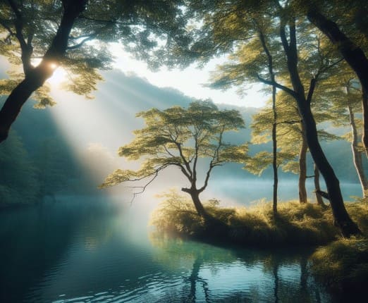 Precioso paisaje del Parque Nacional Plitvice, Croacia, con la luz del sol reflejándose en el agua cristalina del lago. Imagen generada por IA